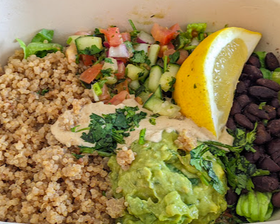 Cafe Gratitude signature dishes "I Am Grateful" Bowl
"I Am Pure" Pizza (vegan)
"I Am Abundant" Lasagna (vegan)